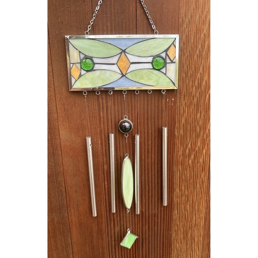 Vintage Stained Glass Wind Chime Suncatcher - Green & Blue Art Glass Metal Tubes